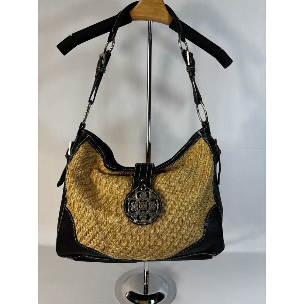 Kate Landry Raffia Jute Leather Shoulder Bag Coastal Grandma Boho Resort Hobo
